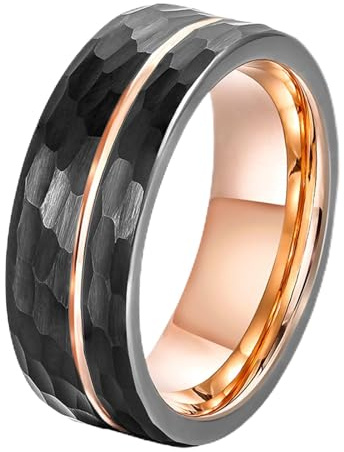Lirzxin Wolfram Ring Ehering Herren, Hochzeitsringe Verlobungsringe Trauringe Partnerringe Freundschaftsringe Herren 8MM Breit Zweifarbig Gehämmert und Gerilltes Design Ringe Geburtstag