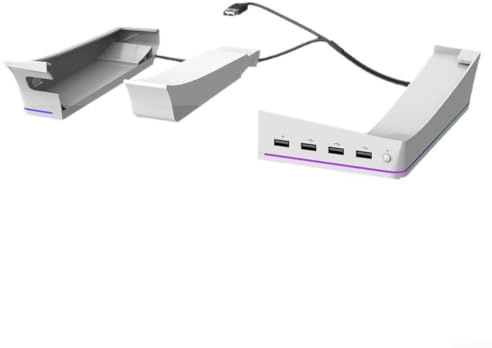 Support horizontal pour PS5 Pro avec 14 modes d'éclairage LED et 4 concentrateurs USB permettant une configuration stable et accessible (blanc)