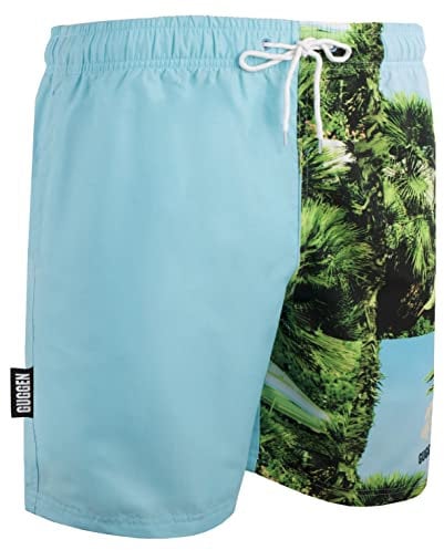 GUGGEN Mountain Badehose für Herren Schnelltrocknende Badeshorts 1601 mit Kordelzug Beachshorts Boardshorts Schwimmhose Männer mit Palmen Gruen Blau M