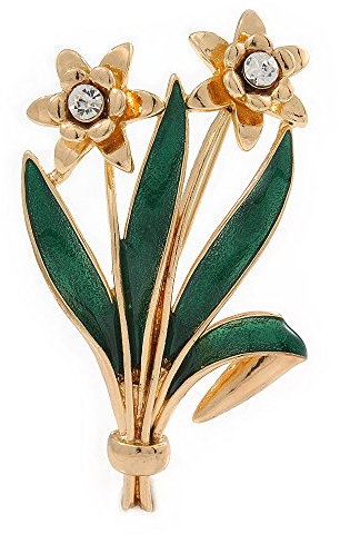 Avalaya Broche en forme de jonquille avec feuilles en émail vert plaqué or – 60 mm de long, taille unique, émail