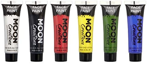 Moon Creations Tubi per pittura per viso e corpo | Pittura per il viso pronta all'uso | Cruelty Free | Pittura per il viso per bambini, adulti, Bianco, Giallo, Blu, Nero, Verde, Rosso, 12ml