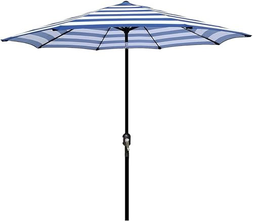 Blissun Parasol de terrasse d'extérieur de 2,7 m, parasol de terrasse rayé, parasol de marché avec 8 baleines robustes, inclinaison à bouton-poussoir et manivelle (rayures bleues et blanches)