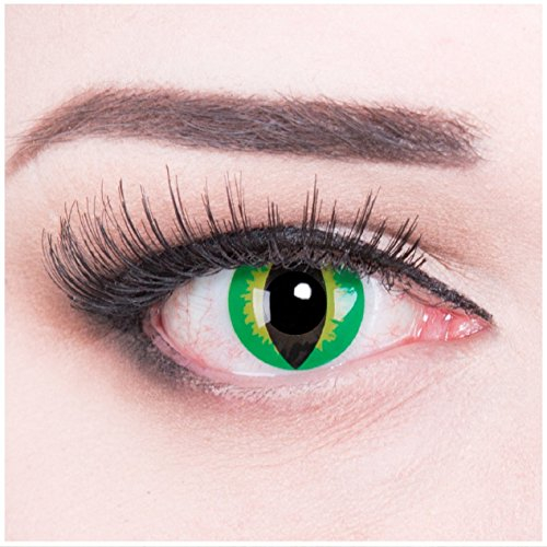 Farbige grüne Crazy Fun Katzen Kontaktlinsen 'Green Dragon' Mit Stärke mit Gratis Linsenbehälter - Topqualität zu Karneval, Fasching und Halloween (-4.50 Dioptrien)