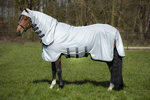 RAMBO Horseware Fliegendecke mit Kapuze, durchgehender Halsausschnitt, Größe XL, Grau/Beige/Marineblau, 213 cm, Grau/Beige, Babyblauenavy