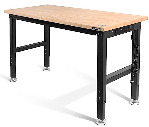 WORKPRO 48 Adjustable Workbench, Rubber Wood Top Heavy-Duty Workstation, 2000 LBS Load Capacity Hardwood Worktable with Power Outlets, for Workshop, Garage