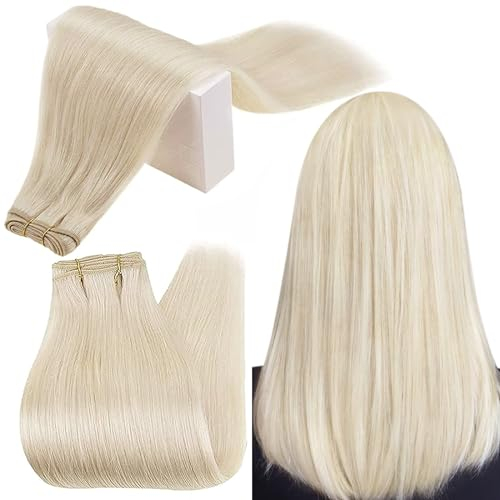 RUNATURE Tressen Echthaar Blond 35cm Glatt Haarverlängerung Platinblond 100g Remy Menschliches Haar #60