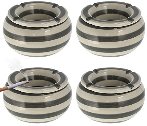 Sturmaschenbecher 4er Set │Ø 13,5 cm grau weiß gestreift │Windaschenbecher mit Deckel (1 x 4er Set Sturmaschenbecher 13,5cm)