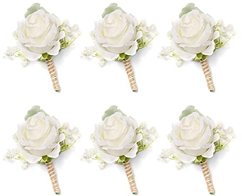 YSUCAU Weiße Rosen-Boutonniere für Herren, Hochzeit, Babyatem, Boutonniere für Trauzeugen, Trauzeugen, Hochzeit, Abschlussball, 6 Stück (6 weiße Knopfloch)