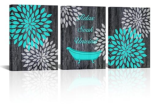Conipit Galerie-Wandkunst Dahlien auf Leinwand, Wandkunst, Blaugrün und Grau, Blumenbadewanne mit rustikalem Holzgemälde, Bilder für Badezimmer, Leinwand, fertig zum Aufhängen, 3 Paneele