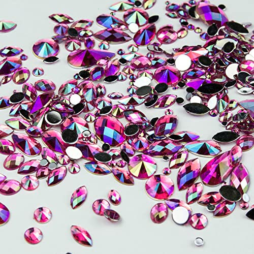 15g Bag of Mixed 3mm-18mm Flat Back Iridescent Rhinestone Gems in a Variety of Shapes and Sizes (A8. Hot Pink)