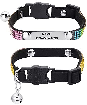 Mogokoyo Katzenhalsband mit Namen und Telefonnummer Personalisiert Strass Katzenhalsband mit Sicherheitsverschluss Glöckchen Verstellbar Halsband für Katze Kitten (XS, Schwarz)