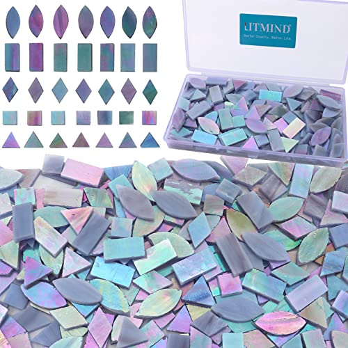 LITMIND Schillernde Buntglas-Mosaikfliesen zum Basteln, 240 Stück 5 Formen gemischte Mosaik-Glasstücke, Mosaik-Kits für Erwachsene (Irisierendes Grau)