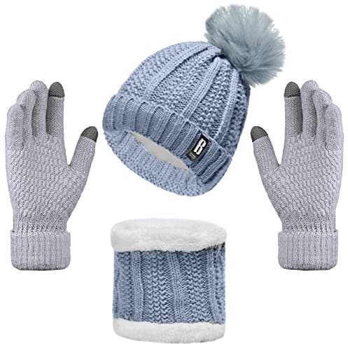 Alviller Women Knitted Hat Scarf Gloves Set, 3Pcs Winter Cold Weather Set with Knit Beanie Cap Touch Screen Gloves Circle Neck Scarf for Adults Sports Outdoor