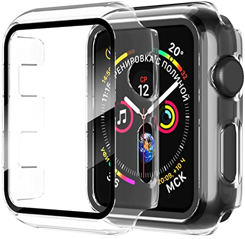 Diruite 2 Piezas Funda para Apple Watch Series 3/2/1 38mm Protector Pantalla Cristal Templado Incorporado HD Protección Completa PC Dura Estuche Case,Transparente,38mm
