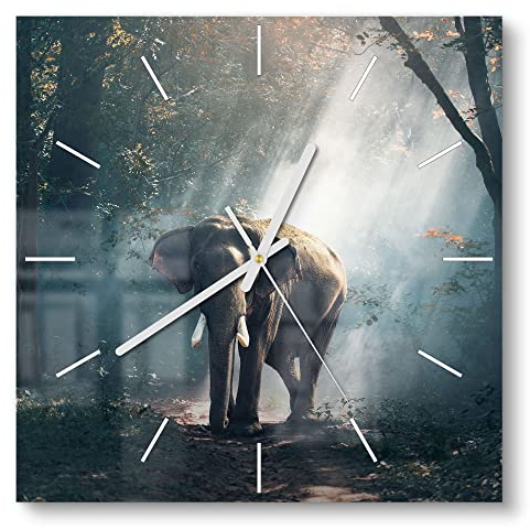 DEQORI Glasuhr | 30x30 cm | Motiv Elefant im Wald | ausgefallene leise Design Uhr aus Glas | Wanduhr für Wohnzimmer & Küche | Moderne Hingucker Uhr für die Wand