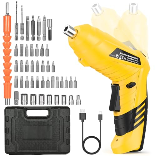 Cacciavite a batteria piccolo, 3,6 V, mini cacciavite elettrico con batteria, pieghevole a 90°, set con 47 accessori, 2 direzioni, luce LED, valigia, cavo di ricarica USB