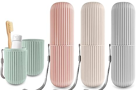 BUKYCAT 4 Stück Zahnbürsten Etui, Zahnputzbecher Reisen, Zahnbürstenbehälter, Zahnbürstenhalter Reisen, Zahnbürsten-Etui für Zuhause für Camping Reisen Wandern Zuhause (Grau Rosa Grün Weiß)
