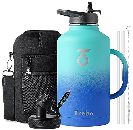Trebo 2 L Edelstahl Trinkflasche Isoliert mit Seitenhandgriff und Beutel | Große Metall wasserflasche mit Strohspitze, Verschluss, Drei-Wand-Vakuum, Spülmaschinenfest, 48 Stunden kalt, breiter Mund