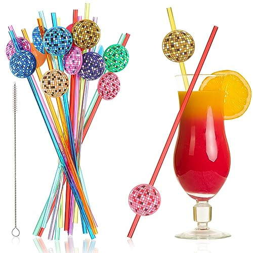 Layhit 24 Pcs Reusable Colorful Disco Ball Straws 70s Disco Party Favors Disco Party Decorations with 2 Cleaning Brushes Decorative Disco Straws Decor for Wedding Holiday Dance Birthday Supplies