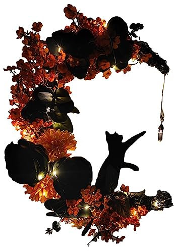 2023 Halloween Türkranz, Halloween Katzen Türkranz Katzen, Halloween Mond Kranz mit Katzen Wanddekoration, Mond Halloween Kränze Für Haustür, Mondförmige Gothic Türdekorationen Türkranz (B, One Size)