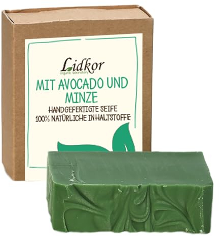 LIDKOR Feuchtigkeitsspendende Seife mit Avocado & Minze 100g - Reinigt und Pflegt die Haut - Hautpflege mit Olivenöl und Kokosöl - Handgemachte Naturseife als Festes Duschgel - Vegan Handseife