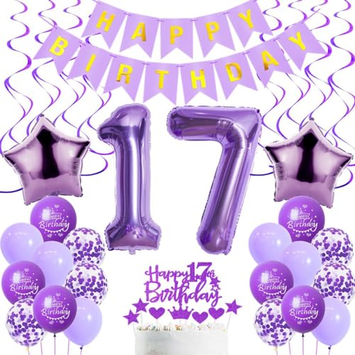 Luftballons 17. Geburtstag Mädchen Deko, Lila 17. Geburtstag Party Deko, Geburtstagsdeko 17 Jahre Mädchen Lila, 17. Dekoration , 17. Tortendeko ,17. Ballon
