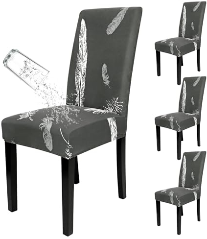 SOMYTING Stuhlhussen Wasserdicht 4er Set, Esszimmer Stuhl Abdeckungen Stretch Stuhlhusse mit Gummiband Stretch abnehmbar, Esszimmerstuhl-Schutzsitz für Hotel Küche Hochzeitsfeier(Grau, Feder