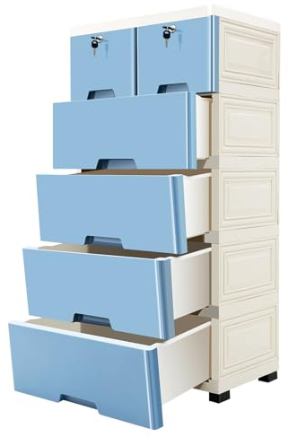 Akuoyiexemye 5 Ebenen Kommode mit 6 Schubladen und 4 Rädern, Beistellschrank Unterschränke für Wohnzimmer Schlafzimmer Badezimmer Küche (Blau+Weiß)