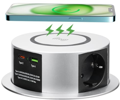 Versenkbare Steckdose USB C PD20W, 3 Fach Einbausteckdose Schreibtisch mit 10W Kabellose Ladegerät, Tischsteckdose Versenkbar für Küche und Büro, Einbausteckdose mit USB, 1,8M Kable, 3680W/16A