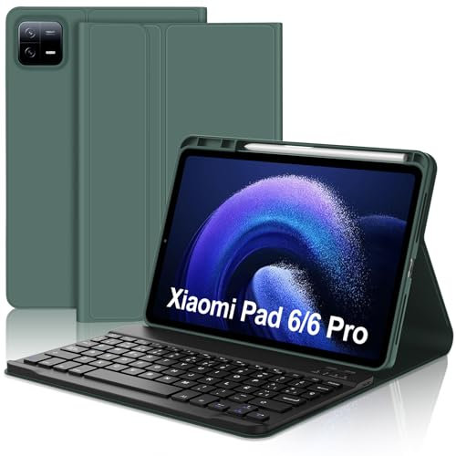 JADEMALL Funda con Teclado para Xiaomi Pad 6/6 Pro 11, Teclado Bluetooth Inalámbrico Desmontable Magnético con Funda Protectora Delgada para Tablet Xiaomi Pad 6/6 Pro 2023 11 Pulgadas, Verde Oscuro