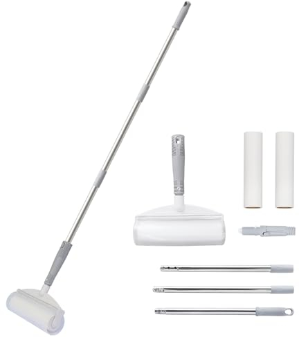 DrDirt Rullo per pelucchi 2 in 1 con manico lungo, largo 18 cm, con 50 fogli per rotolo, rullo per pelucchi per pavimenti e vestiti, rimozione peli di animali domestici per tappeti, mobili, auto e