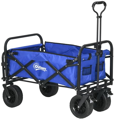 Outsunny Carro de Jardín Carro para Playa Plegable con Longitud y Ángulo del Mango Ajustables Puerta Trasera y Bolsa de Transporte Carga 100 kg para Compra Azul Oscuro