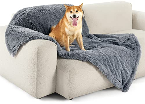 BEDSURE wasserdichte Hundedecke für große Hunde - 100 x 120 cm Langer Plüsch Hundedecke waschbar, Haustier Decke flauschig und weich, Schutzdecke Hundesofa, Katzendecke für Katzen, Grau