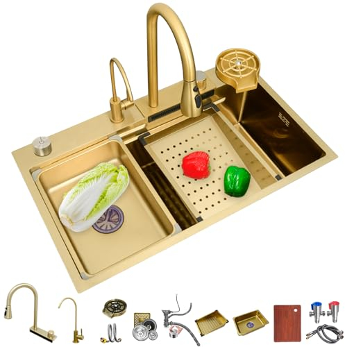 Ribanedy 80 x 45 cm Fregadero de cocina en cascada Dorado, fregadero moderno multifuncional de acero inoxidable de una cubeta con grifo rociador abatible y accesorios