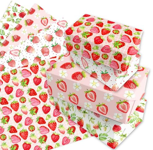 12 Blätt Obst Erdbeeren Sommer Geschenkpapier,Doppelseitig Bedrucktes Geschenkpapier Geburtstag 4 Arten Geschenkpapier Blatt für Kinder,Urlaub,Geburtstag Geschenkpapier 50 x 68 cm