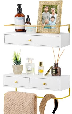 Dxiunove wandregal Holz schweberegal,Regal Wand mit Schubladen,EIN Set mit 2 regalbrett,Rustikale Holz-Wandregale für Schlafzimmer, Wohnzimmer, Küche, Wanddekoration, Pflanzen, Bücher. (Weiß)