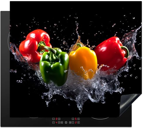 KitchenYeah© Herdabdeckplatte Einteilig Ceranfeld Abdeckplatte für Induktionsschutz Ceranfeldabdeckung Vinyl Herdabdeckplatten Paprika - Wasser - Gemüse - Schwarz - 60x52 cm