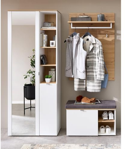 Lomadox Garderobe modern Garderobenschrank Flurbank mit Sitzpolster Garderobenpaneel weiß matt mit Eiche