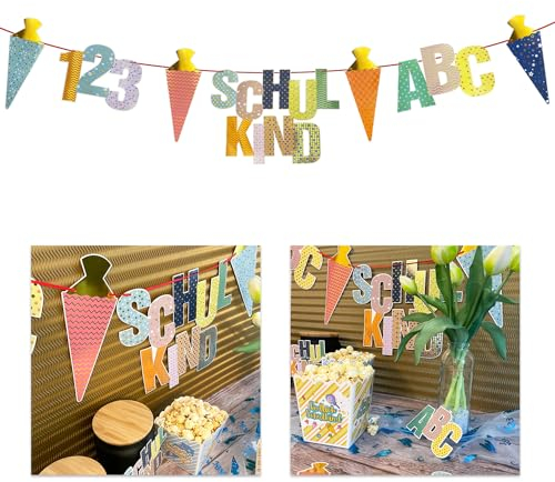 Oblique Unique® Schulkind Girlande mit ABC 123 Zuckertüten Hänge Deko Banner für Schuleinführung Einschulung Schulanfang Dekoration Schule