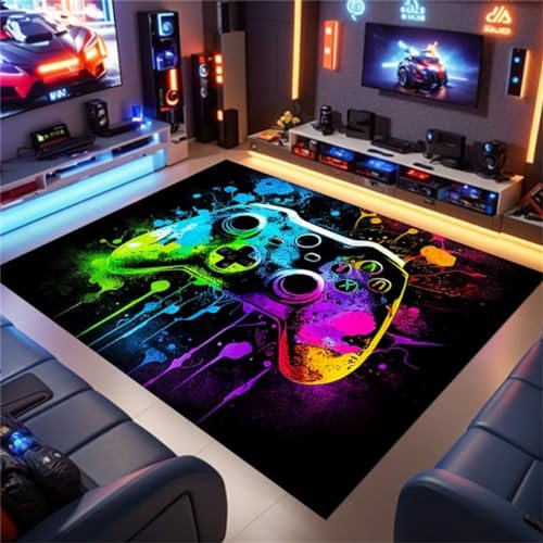 Gaming Teppich, Gamer Jungen Wohnzimmer Teppich, Modernes Ambiente Neon Dazzle Graffiti Controller Griff Fußmatten Für Teenager Mädchen Schlafzimmer Spiel Zimmer Teppich (Colour 4,120x180cm)