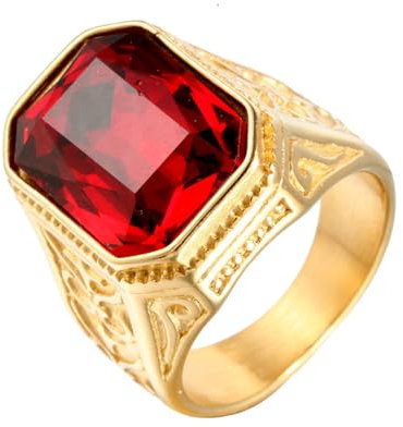 OAKKY Unisex Vintage Hip Hop Luxuriöses Riesiges Quadrat Rot Edelstein Spezial Blume Geschnitzt Siegelring Edelstahl Gold Größe 70 (22.3)