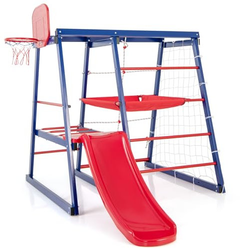 COSTWAY Metal Climbing Frame, 7 in 1 Kids Jungle Gym Set with Climbing Ladder, Basketball Hoop, Soccer Net, Platform, Indoor Outdoor Playground Equipment for Ages 3-7