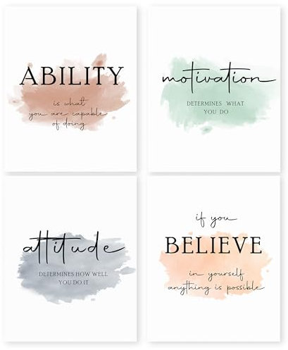 HRQKO Poster mit inspirierenden Zitaten für Büro, 4 Stück, motivierende Wandkunst, bunte Kunstdrucke, Poster, Wanddekoration, Affirmationsdrucke für Büro, Damen, Herren, 20,3 x 25,4 cm, ungerahmt