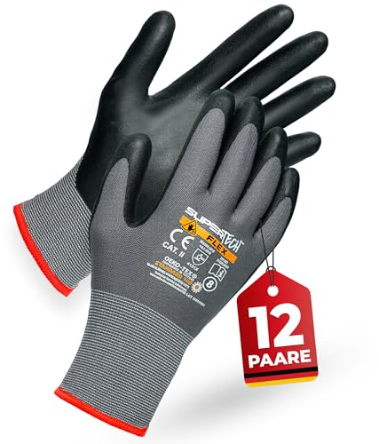 PRESTIGION 12 Paare Arbeitshandschuhe Herren Größe 10-XL | Arbeitshandschuhe mit Rutschfeste Nitril, Beschichtung , Robust und Abriebfest Handschuhe Arbeitshandschuhe