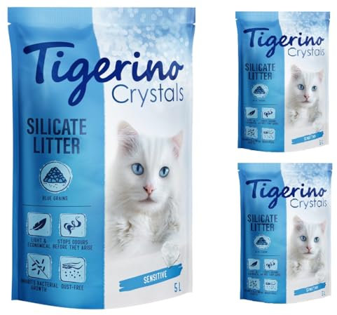 Tigerino - Crystals Katzenstreu 15L Blau| Multipack | Sensitive, parfümfrei | für geruchssensible Katzen | staubfrei, stark absorbierfähig und ergiebig | Ohne Duftstoffe | 3x5L | Blau