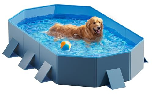 Peteast Piscina pieghevole per cani, resistente, extra large, portatile, con pareti laterali rinforzate per stabilità, ideale per uso interno ed esterno (180,3 x 39 x 12 cm, blu e grigio scuro)