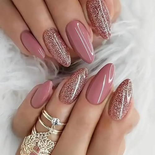Almond Press-on Nails, 24 Pieces, Pink and Rose Gold Glitter with Jelly Gel Finish