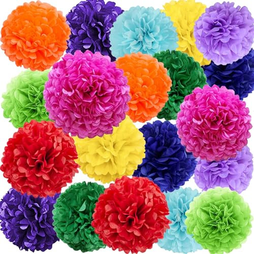 We Moment Zone Bunt Party Deko,20 Stück Bunt Papier Pompons,Regenbogen Pompoms für Geburtstag Hochzeit Party Deko