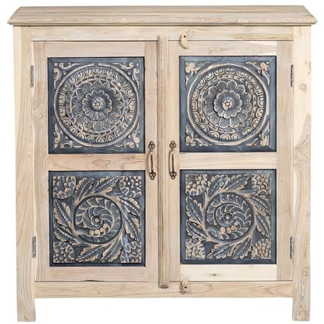 Marrakesch Boho Kommode mit Türen aus Teak Holz 96cm | Skandinavische Deko kleines Sideboard Komode Abelina handgeschnitzt für stilvolle Aufbewahrung & Dekoration im Wohnzimmer & Schlafzimmer