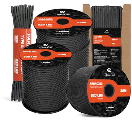 Abma Cord Paracorde 4mm 9 Brins 10m Corde en Nylon Type 3 Corde Parachute 620lbs - Max. 280 kg - Noir
